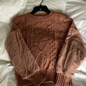 Alice Blue Cable Knit Sweater with Sheer Sleeves - Rust